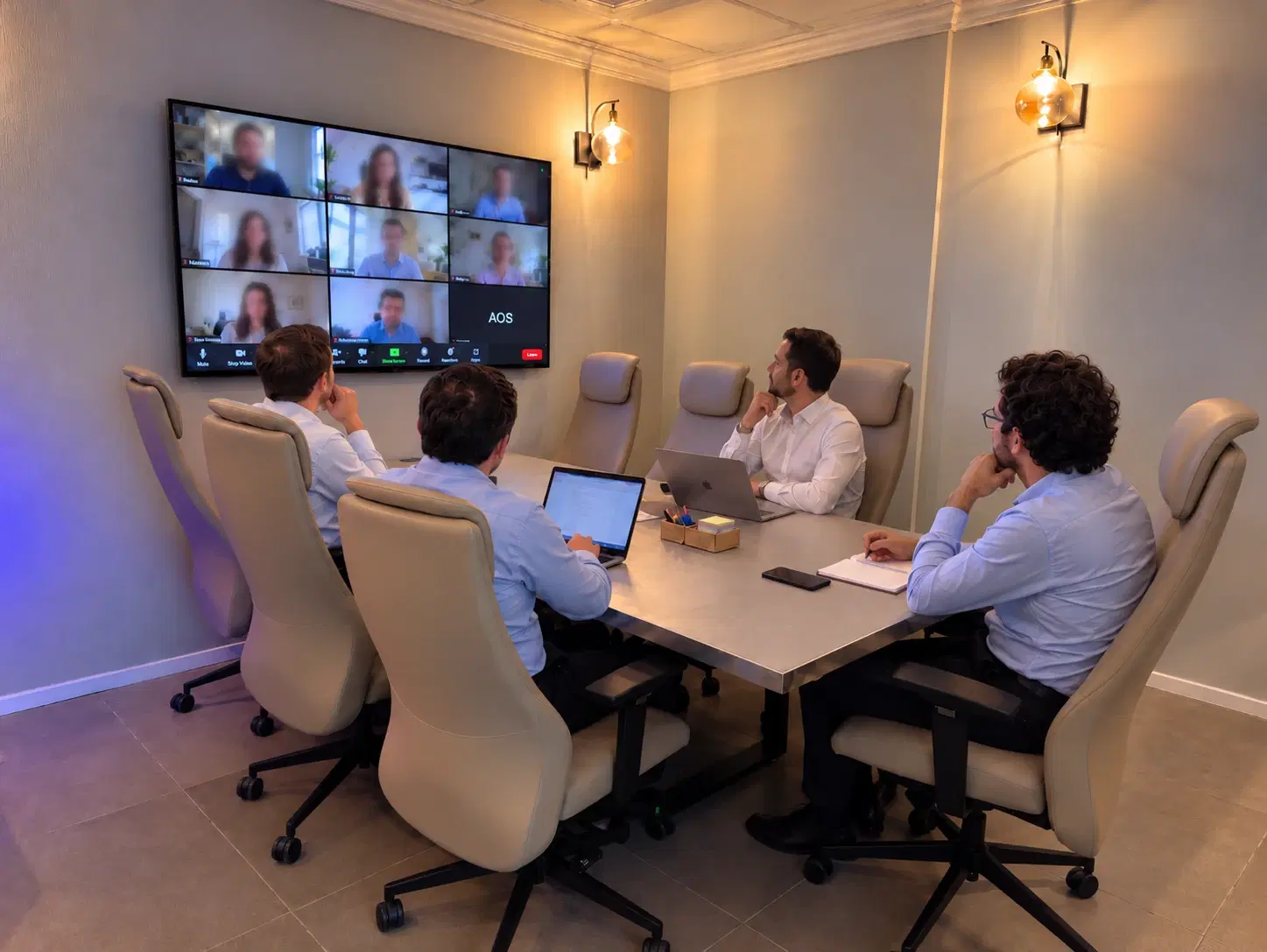A meeting in the room: conference table, executive chairs and video screen